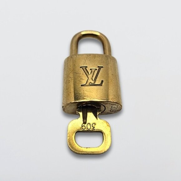 Louis Vuitton Lock & One Key Set Engraved LV Logo Polished Brass Finish - Picture 2 of 4